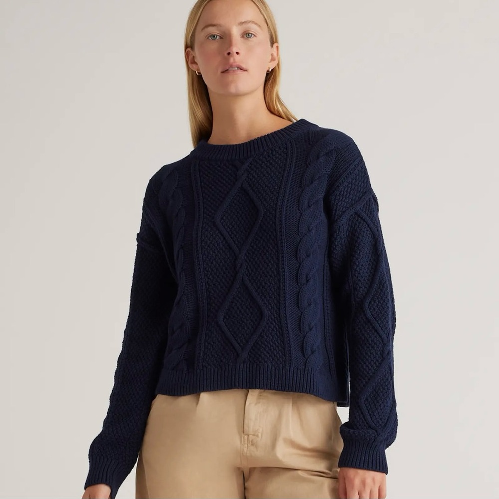Quince Cropped Cotton Cable Crew Sweater, Navy